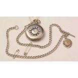 A silver cased half-hunter pocket watch and double Albert chain