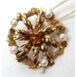 A 1970s 9ct gold, citrine, and cultured pearl flower pattern brooch