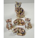 Collection of five Royal Crown Derby Imari palette cat paperweights.