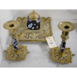 Victorian brass inkstand; and a matched pair of candlesticks.