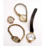 Four 9ct gold and yellow-metal cased wristwatches