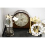 Eccles miner's lamp; and two clocks, various makers.