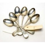 A matched set of six Newcastle silver fiddle pattern teaspoons