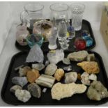 A selection of clear and coloured glassware and mineral specimens