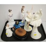 Selection of figures by Royal Doulton and Coalport; with three stands.