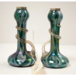 A pair of Edwardian Loetz style glass chamber candlesticks.