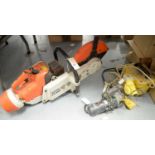 A Stihl TS350 petrol saw; and a Bosch 4 1/2in. angle grinder and transformer.