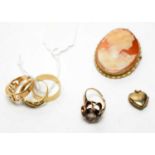 Jewellery including a gold-mounted cameo brooch and rings