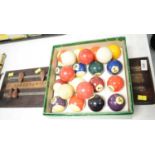 A selection of snooker balls and a scoreboard.