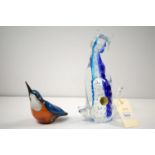 Murano glass seated cat; and a Langham glass bird.