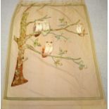 An Arts and Crafts half tester bed drape depicting owls