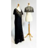 A 1920s sheer lace evening dress and Flapper sequin-spangled capelet