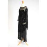 A 1920s flocked velvet and crepe dress evening dress