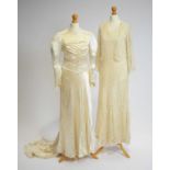 An early 1930s champagne lace tea gown, and a wedding dress