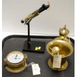 A reproduction brass cased marine time and tide wall clock; together with other brassware