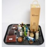 A bottle of Porto Burmester vintage 1985; three hip flasks and an assortment of miniatures