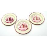 Three Wedgwood pink lustre pearlware plates