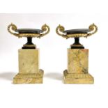 A pair of late 19th Century Grecian Revival parcel-gilt bronze and marble garniture urns