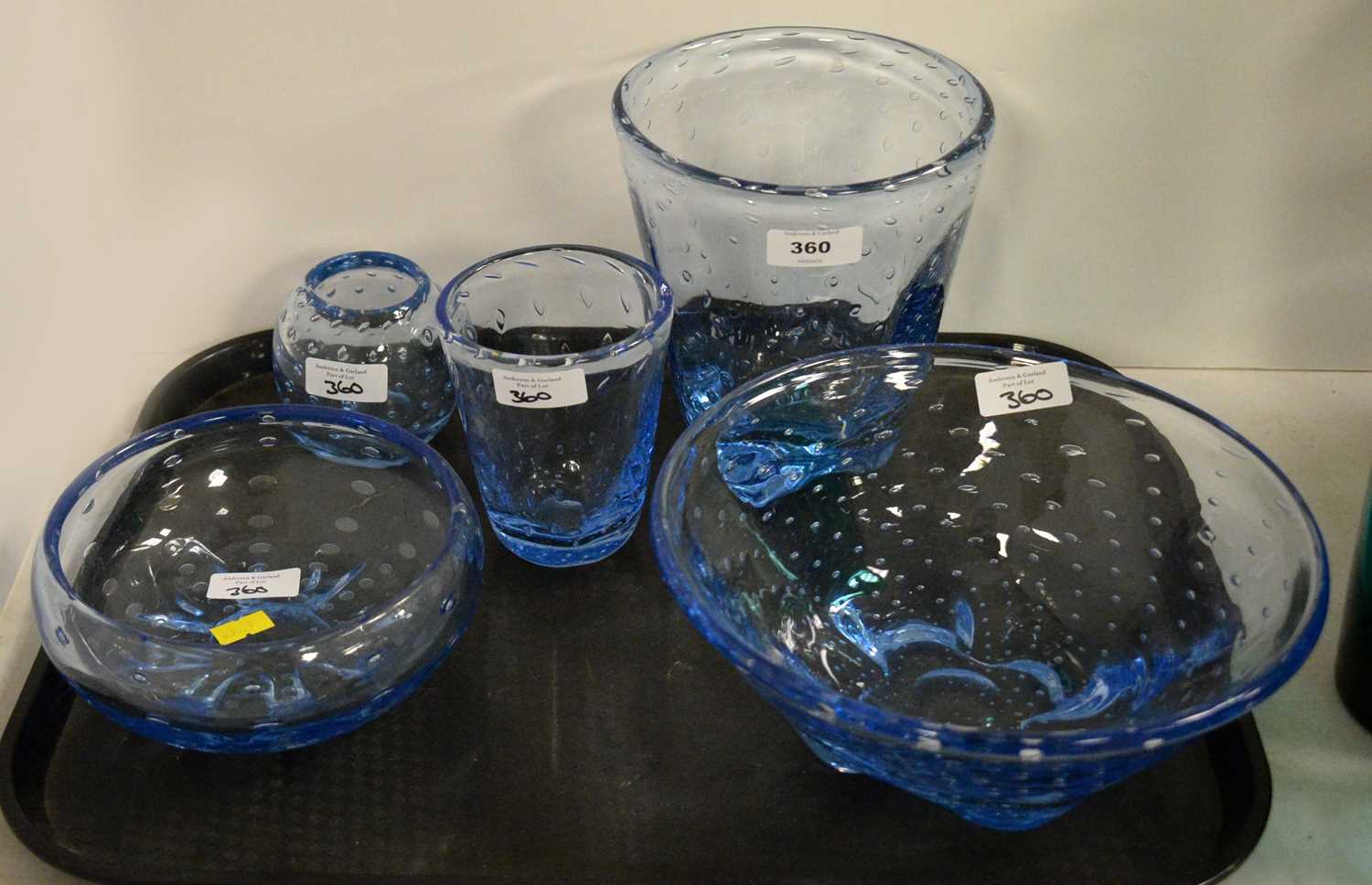 A selection of Whitefriars Sapphire blue 'Bubble' glass ware.