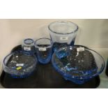 A selection of Whitefriars Sapphire blue 'Bubble' glass ware.