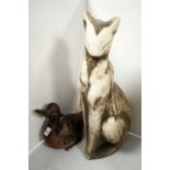 Two Studio Pottery sculptures, one of a cat, the other a duck.