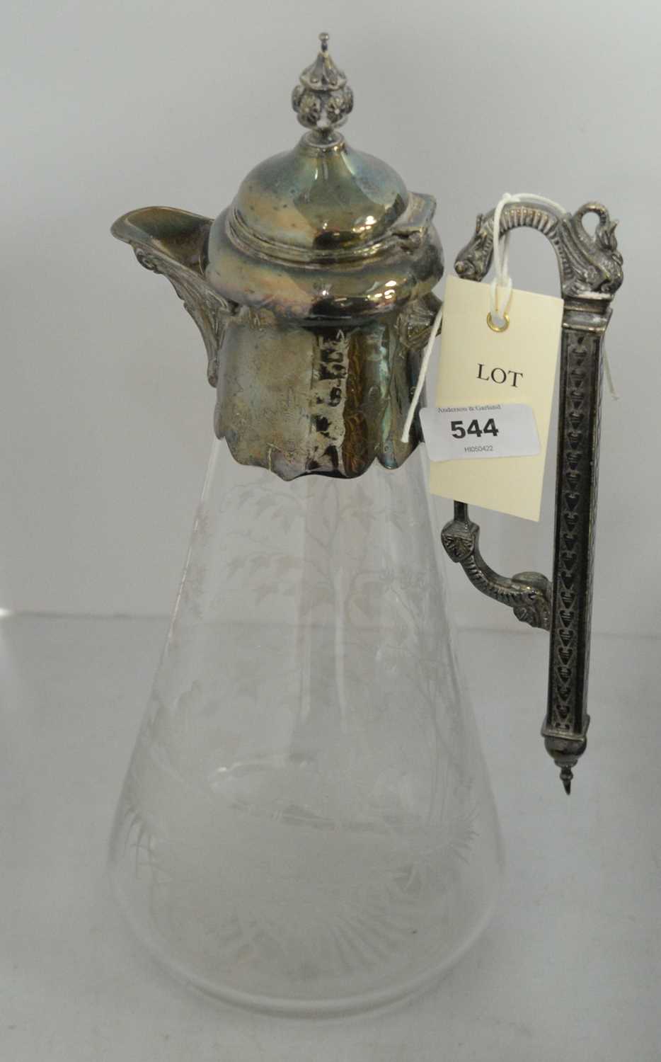 Early 20th C etched glass claret jug.