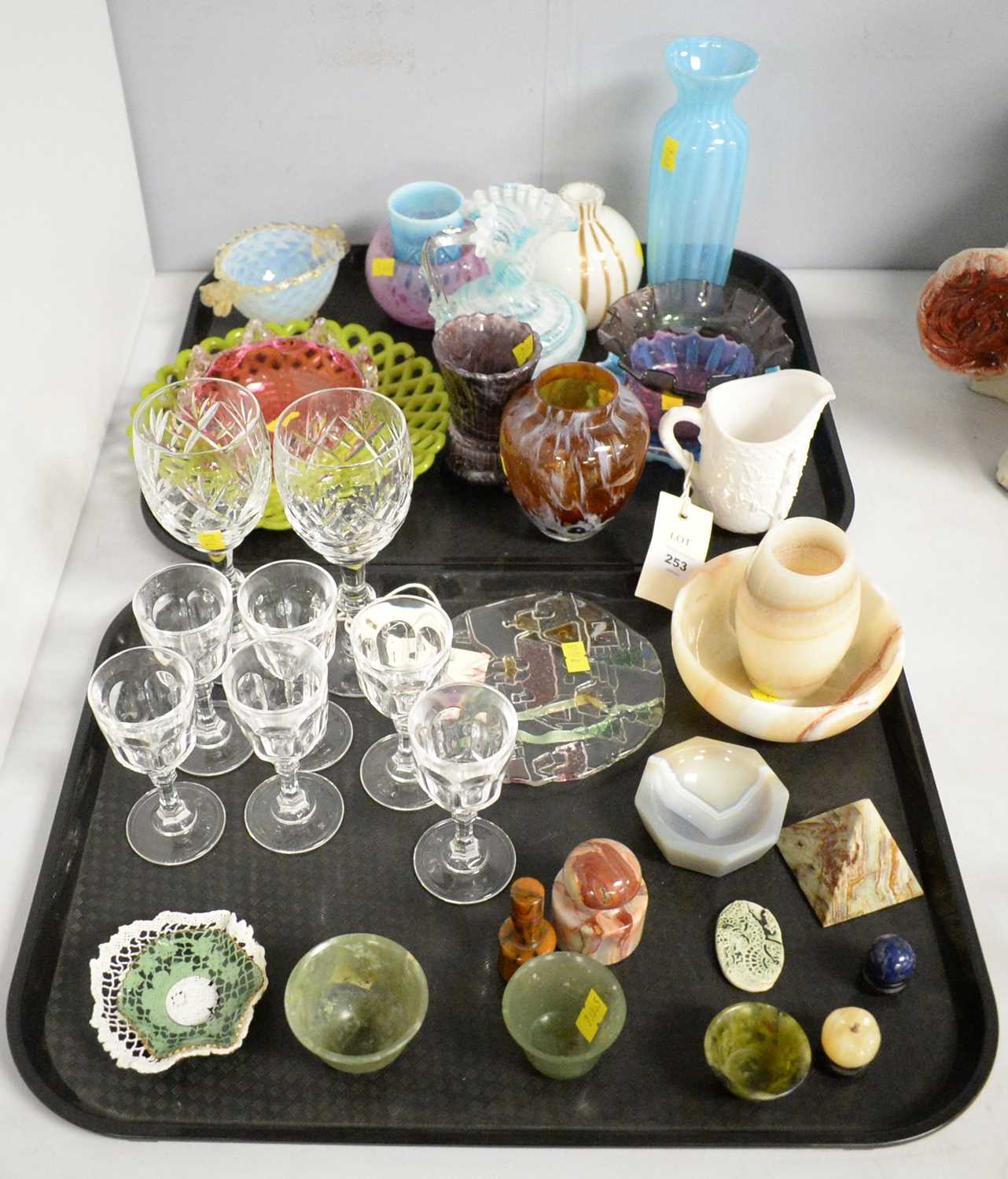 Selection of cut, pressed and coloured glassware.