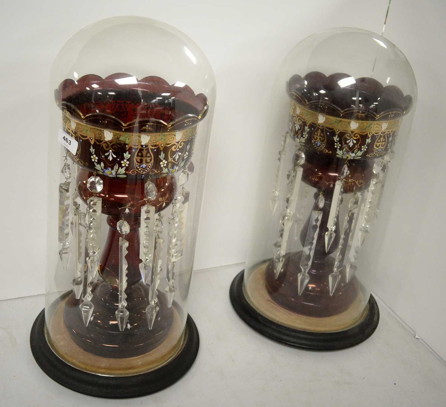 Pair of Victorian cranberry glass lustres.