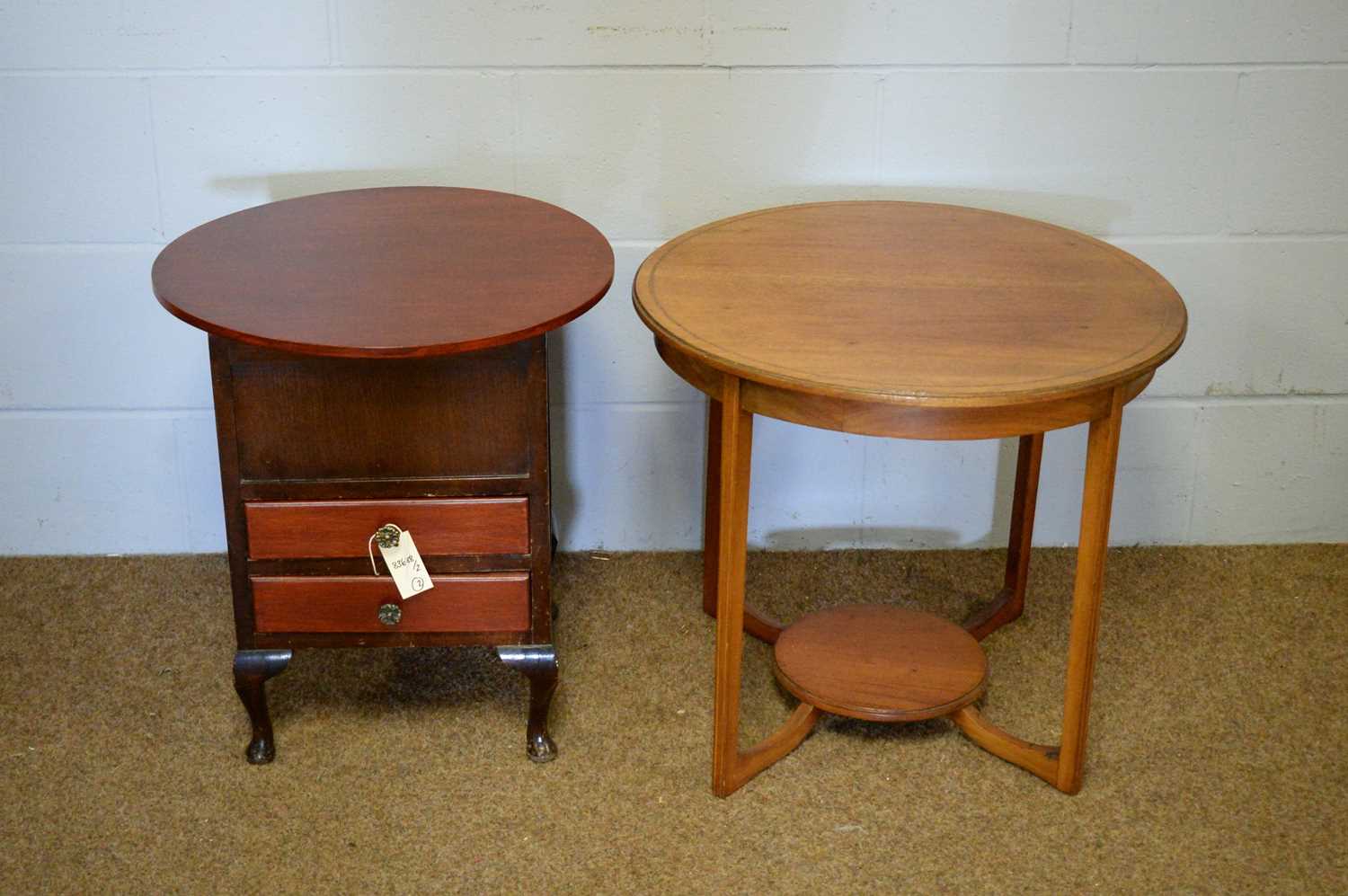 An oak work table and a two-tier occasional table