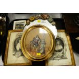 19th Century decoupage picture; pair of etchings; and a mirror.