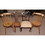 Pair of kitchen chairs; an oak spinning chair; and a nursing chair.