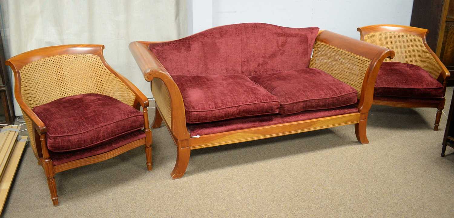 Modern mahogany Bergere sofa and two armchairs.
