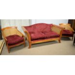 Modern mahogany Bergere sofa and two armchairs.