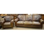 Barker & Stonehouse brown leather three-seater settee and armchair.