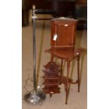 Early 20th C occasional table; hanging corner cupboard, shelf unit, and lamp.