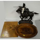 A wall plate; a wall plaque; and a bronzed resign figure, military interest.