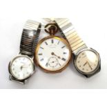A pocket watch and two wristwatches