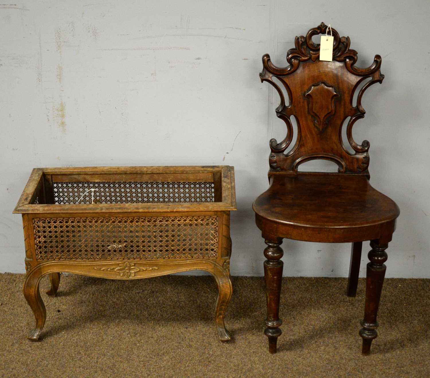 A Victorian mahogany hall chair and a bergere basket