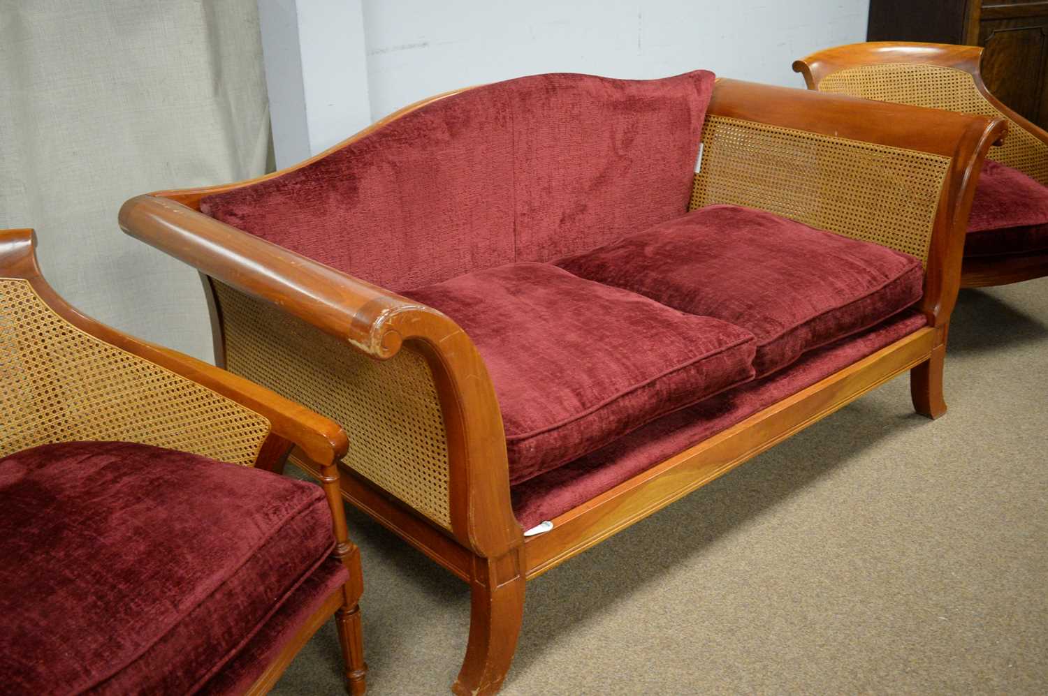 Modern mahogany Bergere sofa and two armchairs. - Image 3 of 5