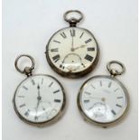 Three silver cased open faced pocket watches,