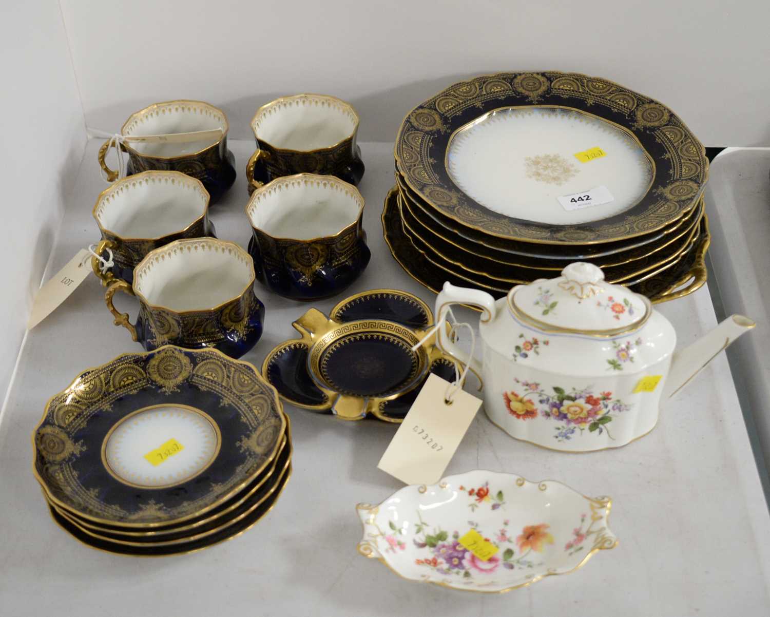 A Victorian part tea service; Limoges ashtray; and other items.