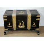 A Chinese brass bound lacquered camphorwood blanket chest