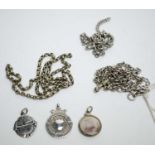 Four silver and white metal chains; and three fobs.