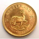 South Africa 1oz fine gold Krugerrand, 1975.