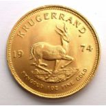 South Africa 1oz fine gold Krugerrand, 1974.