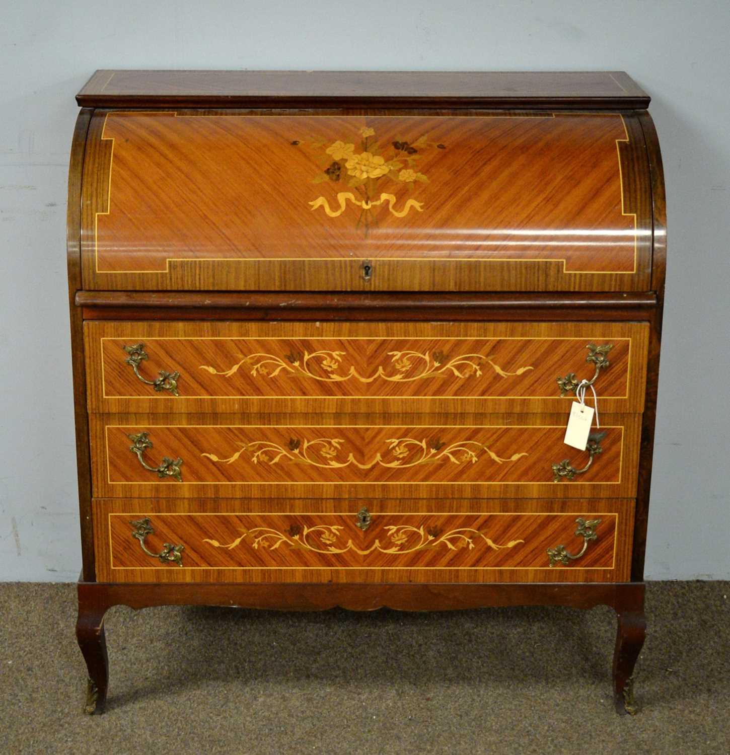 A reproduction kingwood and marquetry inlaid writing bureau