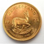 South Africa 1oz fine gold Krugerrand, 1973.