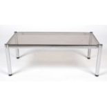 A mid century smoked glass and chrome metal rectangular coffee table