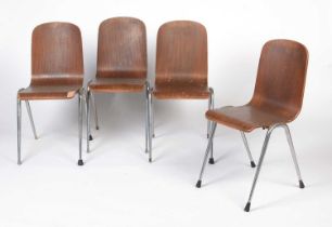 A set of four vintage bent plywood and chrome metal stacking chairs