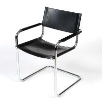 A mid-Century style shaped chromed metal and black leather armchair, modern.